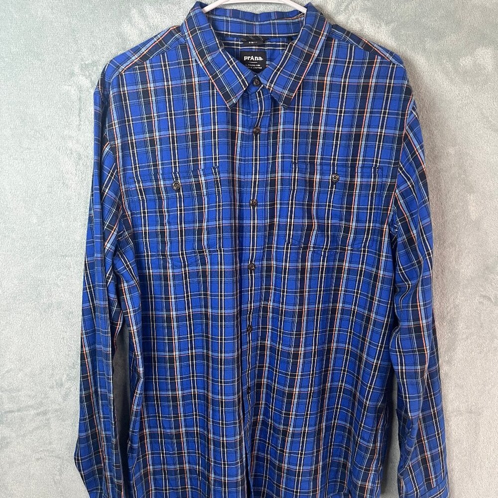 Prana Flannel Shirt Dolberg Mens L Blue Plaid Slim Fit Long Sleeve Button Up